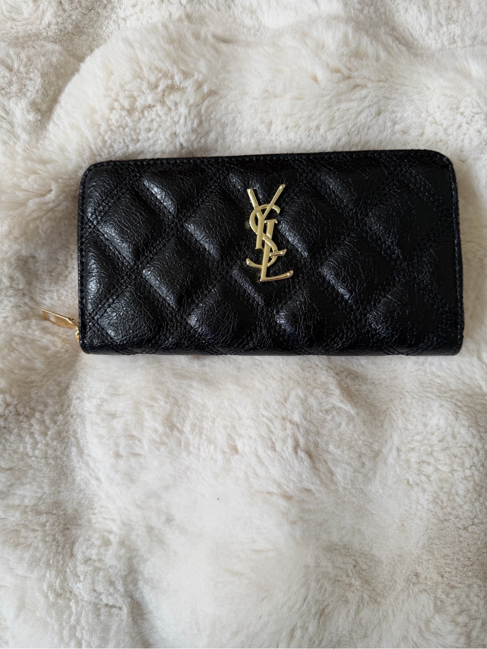 Saint Laurent Black Quilted Zip Wallet with Gold YSL Logo
